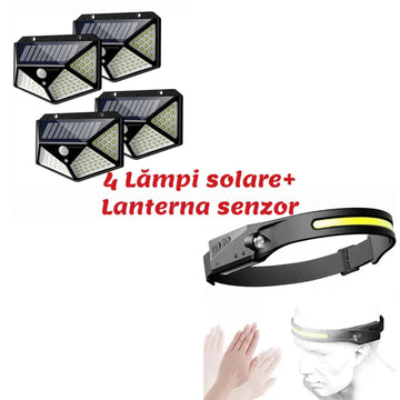 Pachet promo: Set 4 x Lampa 100 LED cu panou solar+lanterna frontala cu senzor