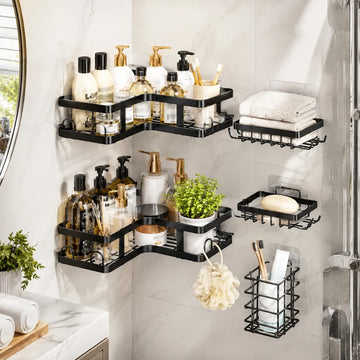 Set 5 x Etajere de colt pentru baie si dus, otel inoxidabil, montare fara gaurire, suporturi adezive, negru