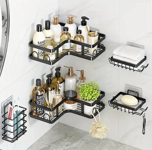 Set 5 x Etajere de colt pentru baie si dus, otel inoxidabil, montare fara gaurire, suporturi adezive, negru