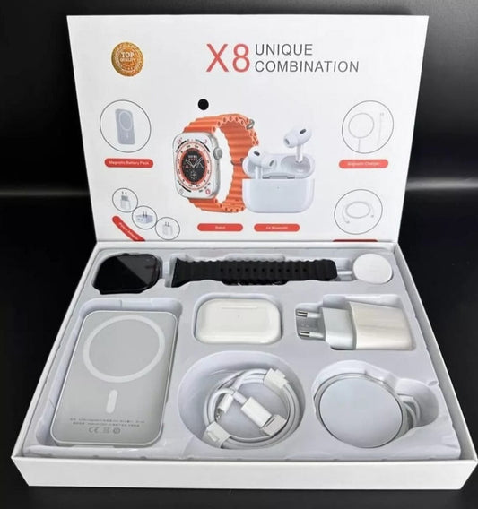 Set complet cu Smartwatch X8 de 2", casti in-ear wireless, incarcator, cabluri, baterie externa, 8 in 1