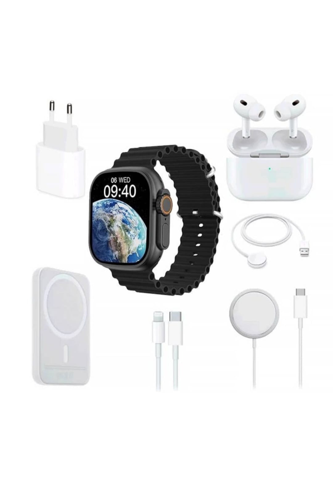 Set complet cu Smartwatch X8 de 2", casti in-ear wireless, incarcator, cabluri, baterie externa, 8 in 1