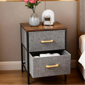 Noptiera cu 2 sertare textile ,blat din lemn si cadru metalic -40x30x53.5 cm, Gri/Maro