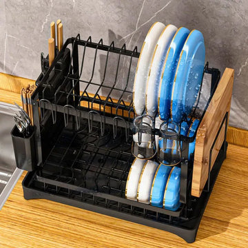 Scurgator vase, cu suport pentru tacamuri si pahare, design compact, negru, dimensiuni: 42 x 29 x 29 cm