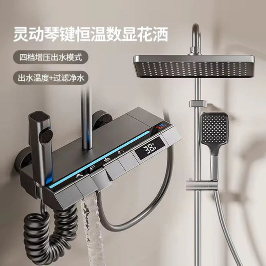 Set de dus cu robinet termostatic, display digital LED, 3 functii, inox, argintiu