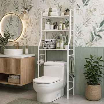 Suport depozitare peste toaleta, 3 polite, cadru metalic alb, organizator baie modern, 150 x 50 x 23 cm