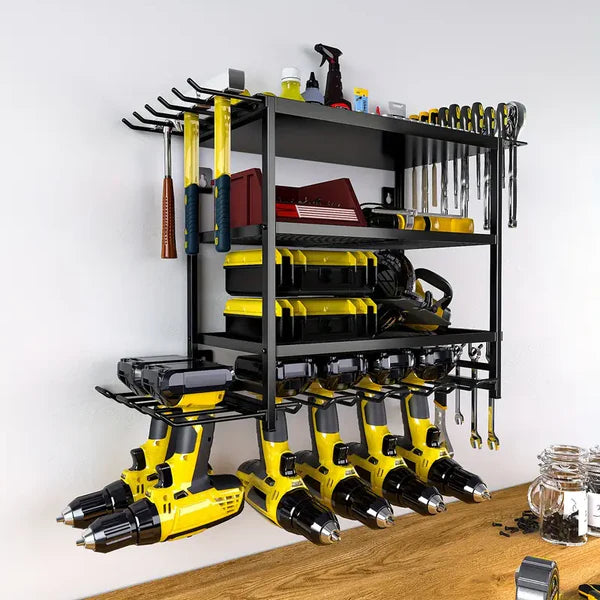Raft pentru scule si unelte, din metal, cu montare pe perete, dimensiuni 60x41.5x24.5 cm, cu 4 compartimente de depozitare, carlige pentru agatare, negru