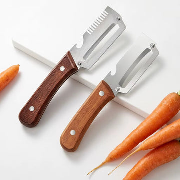 Set 2 curatatoare multifunctionale 2 in 1 pentru fructe si legume, cu deschizator de sticle integrat, lame din otel inoxidabil si maner din lemn