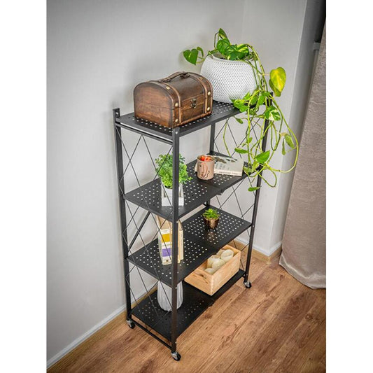 Raft depozitare, metalic, pliabil, pe roti, 4 polite, negru, 50 kg, 72x34x127 cm