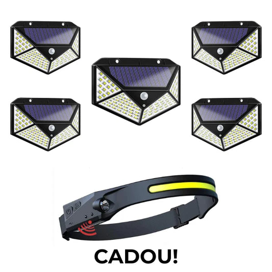 PACHET PROMOTIONAL !!! 5 x Lampa solara 100 led-uri cu senzor de miscare + Lanterna de cap cu acumulator intern, frontala, cu SENZOR de miscare, pentru pescuit, camping, drumetii, waterproof, banda leduri, 45m, 350lm CADOU !!!