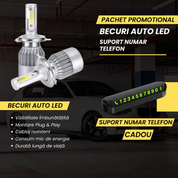 PACHET PROMO !!! SET 2 BECURI AUTO LED C6 H4, H7 6000K + Suport afisaj numar de telefon fixare parbriz CADOU !!!