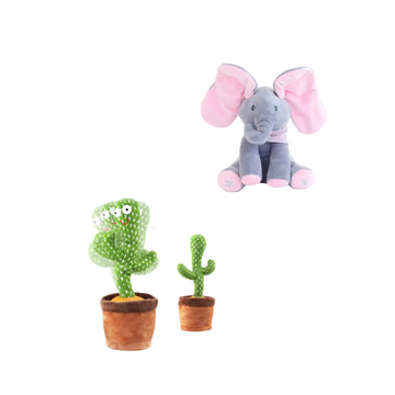 Jucarie interactiva Elefant Cucu-Bau, canta, vorbeste, flutura urechile + Jucarie cactus, canta, danseaza si imita cuvinte CADOU