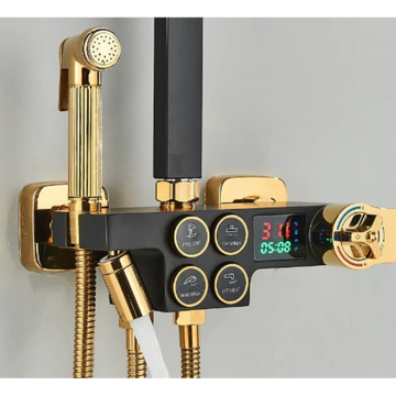 Coloana dus termostatica premium negru-auriu, afisaj digital LED 28x19 cm