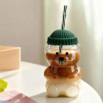 Pahar tip StarBucks Teddy Bear din sticla cu pai si capac 500ML, reutilizabil verde