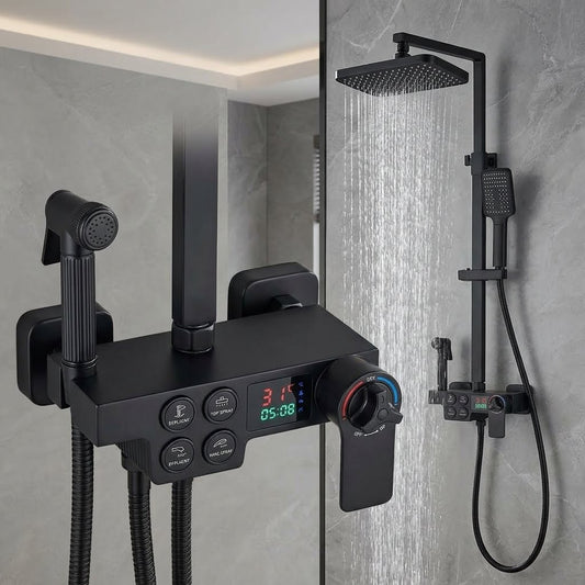 Coloana dus termostatica premium negru, afisaj digital LED 28x19 cm