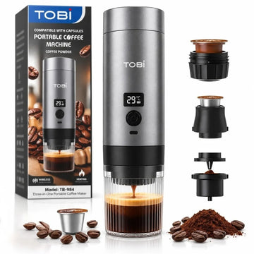 Espressor Portabil Tobi 7.3x24.5cm, 3 in 1, 200ml 72W, pentru Capsule si Cafea Macinata