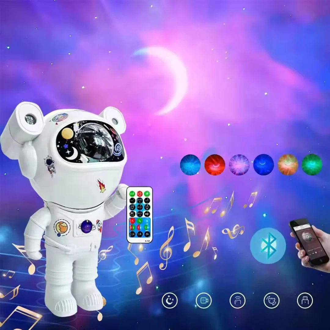 Proiector LED in forma de astronaut cu sunete si lumini, stickere autoadezive, conexiune Bluetooth