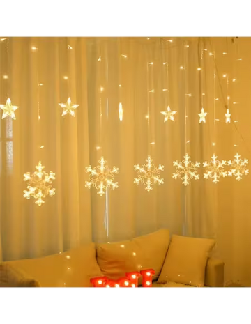 Luminițe de Crăciun tip perdea, decorata cu stele si fulgi, multicolor,alb cald sau alb rece