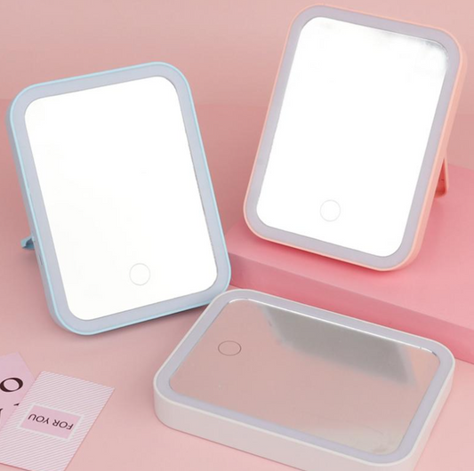 Oglinda de machiaj cu LED, ecran tactil, 3 tipuri de lumina, portabila, suport pliabil