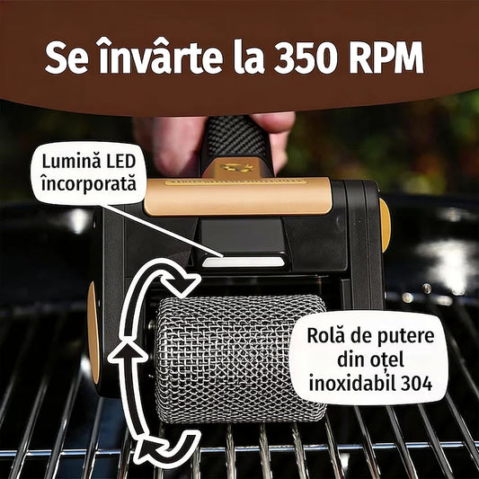 Perie electrica pentru gratar, fara peri, Inox 304, LED, 350 RPM