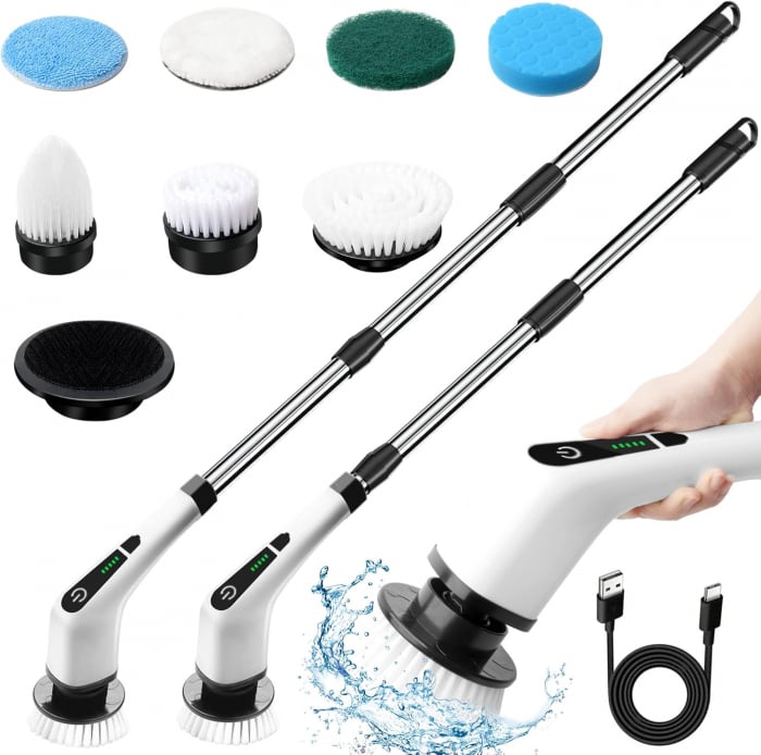 Perie electrică rotativă pentru curățenie – 9 capete, 450 RPM, 2 viteze, mâner extensibil și incărcare USB