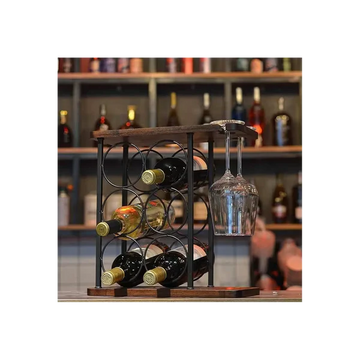 Raft metalic pentru 6 sticle de vin, cu suport pentru 2 pahare si blat din lemn