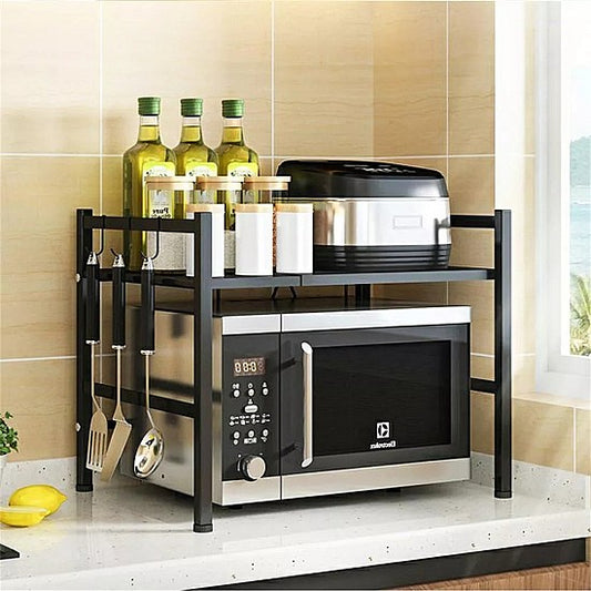 Raft metalic cuptor cu microunde, negru, etajera ajustabila, organizator bucatarie, 40-60 x 36.5 x 45 cm