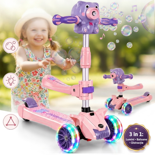 Trotineta 3 in 1 copii , scaun detasabil , roti LED , muzica si baloane sapun , 3 roti , 65-85cm reglabila,  frana | 2 Variante: Baiat / Fata