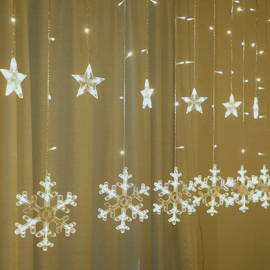 Luminițe de Crăciun tip perdea, decorata cu stele si fulgi, multicolor,alb cald sau alb rece