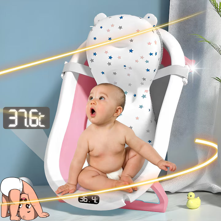 Cadita Bebe , cu suport si termometru, pliabila, include o perna de siguranta detasabila, protectie anti-alunecare, sarcina maxima 46 kg, roz