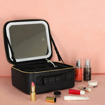 Portfard organizator , cu oglinda LED, multiple compartimente, negru, 27x24x10cm