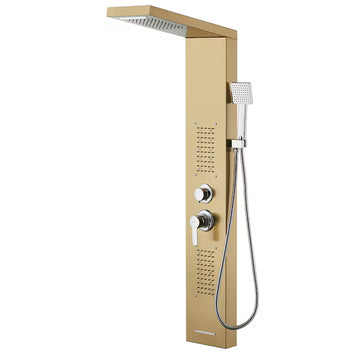 Panel dus, iluminare Led, 5 functii, cascada, ploaie tropicala, dus de mana, otel inoxidabil, auriu mat, Aurora