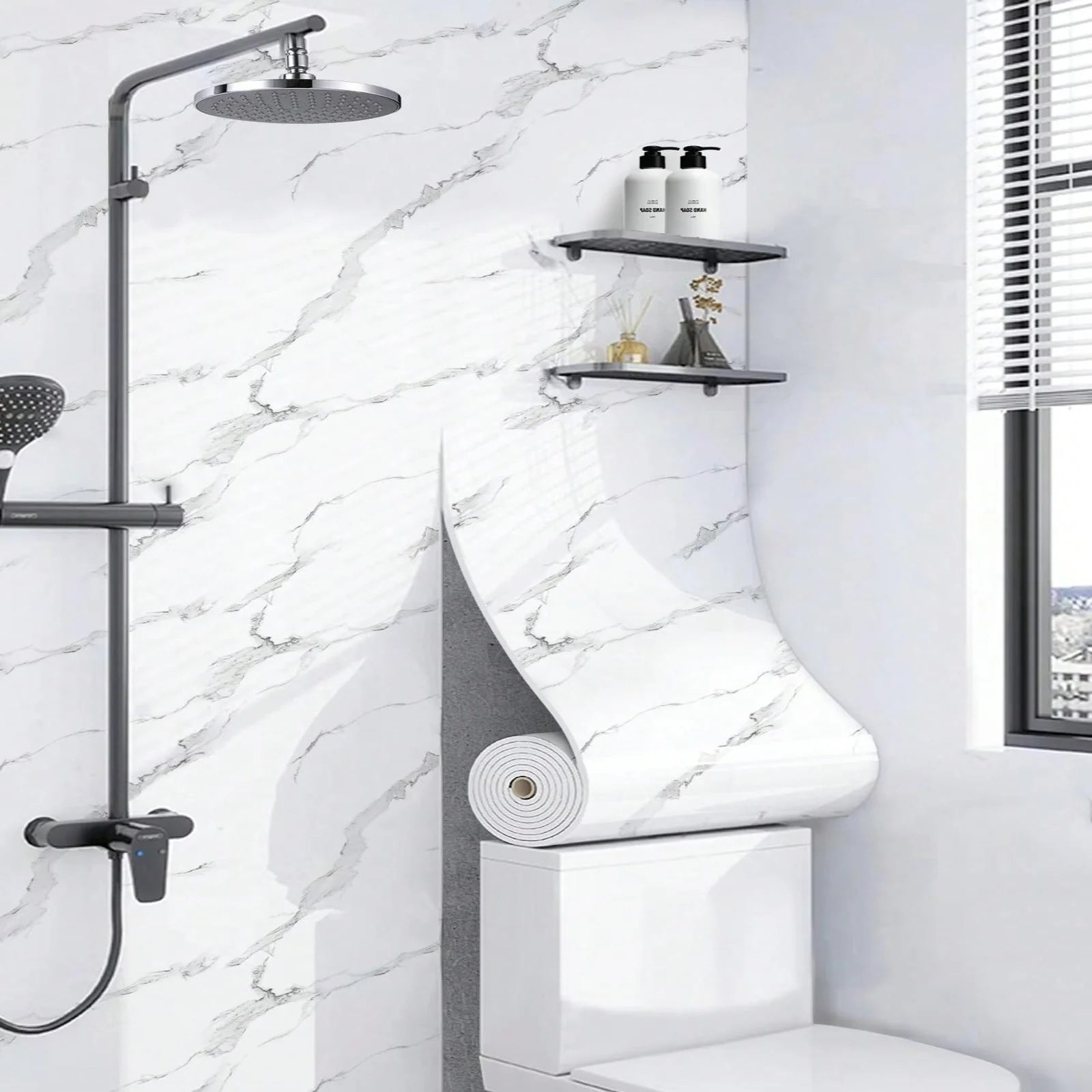 Rola Tapet 3D Autoadeziv, model imitatie marmura 3D, 40x300 cm, rezistent la apa,culoare alb