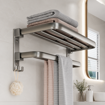 Suport prosoape baie pliabil din aluminiu spatial cu polita si carlige, 60 cm, Gri
