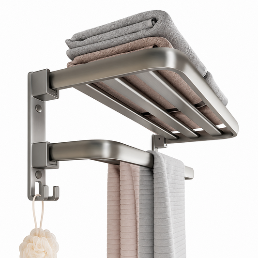 Suport prosoape baie pliabil din aluminiu spatial cu polita si carlige, 60 cm, Gri