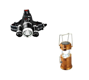 Lanterna de cap reglabila cu triplu LED Puternic + Lampa solara reincarcabila, camping
