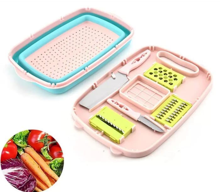 Tocator multifunctional pliabil, 3 razatoare, 2 cutite, cos de legume, strecuratoare