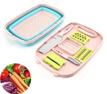 Tocator multifunctional pliabil, 3 razatoare, 2 cutite, cos de legume, strecuratoare