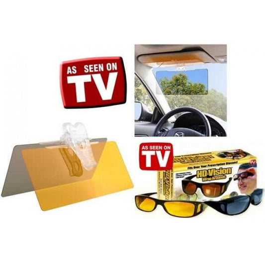 Set Parasolar auto HD Vision cu functie pentru zi/noapte + Set 2 perechi ochelari condus zi/noapte HD Vision