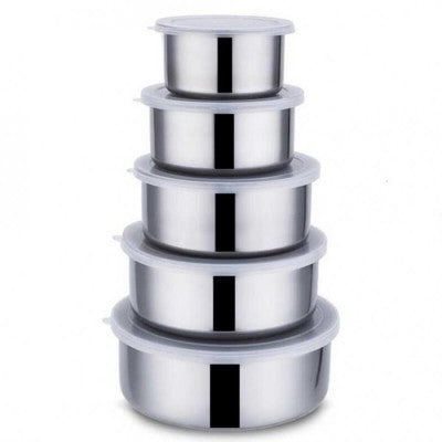 Set de 5 caserole alimentare, metalice, cu capac transparent, marimi diferite