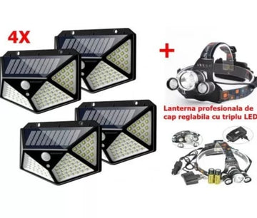 Set 4 x Lampa 100 LED cu panou solar, senzor de miscare + CADOU Lanterna profesionala de cap reglabil