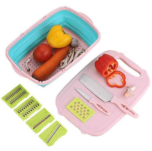 Tocator multifunctional pliabil, 3 razatoare, 2 cutite, cos de legume, strecuratoare